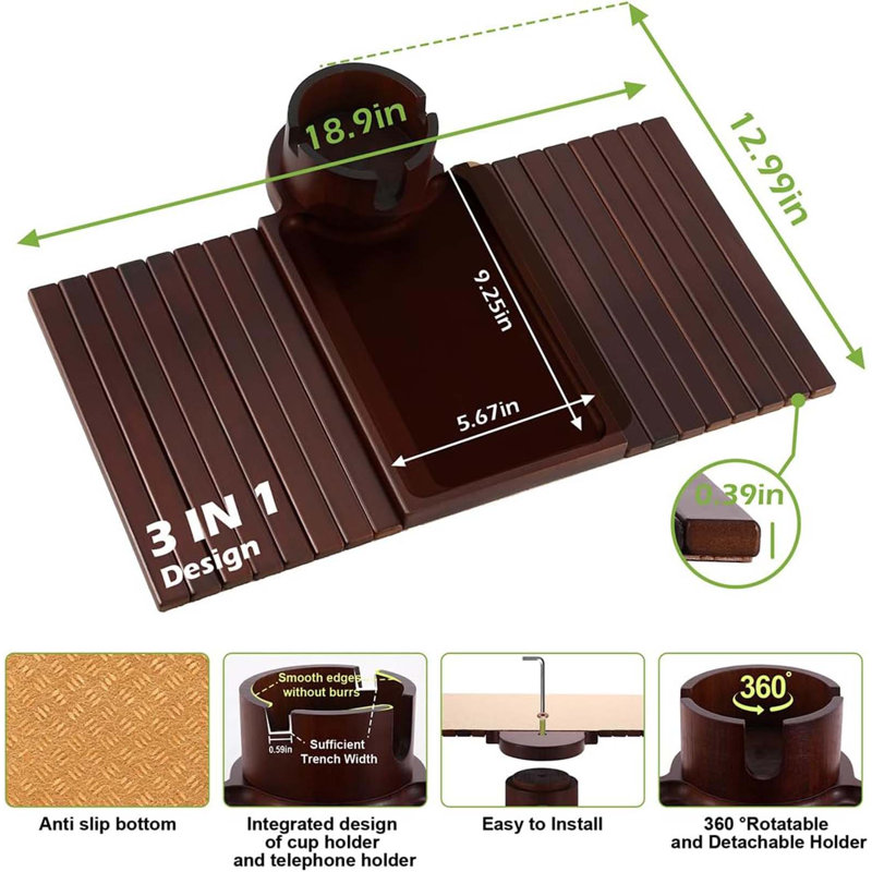 Couch Cup Holder Tray - 3 In 1 Couch Arm Table With 360° Rotating Phone Holder, Foldable Sofa Arm Tray For Drink Table, Snacks Table,Hold Cellphone Remote Or Books