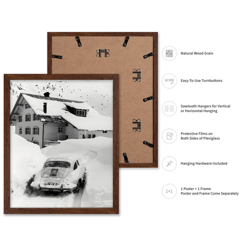 Voiture coincée dans la neige, 08"H x 10"W, Poster, Brown Framed