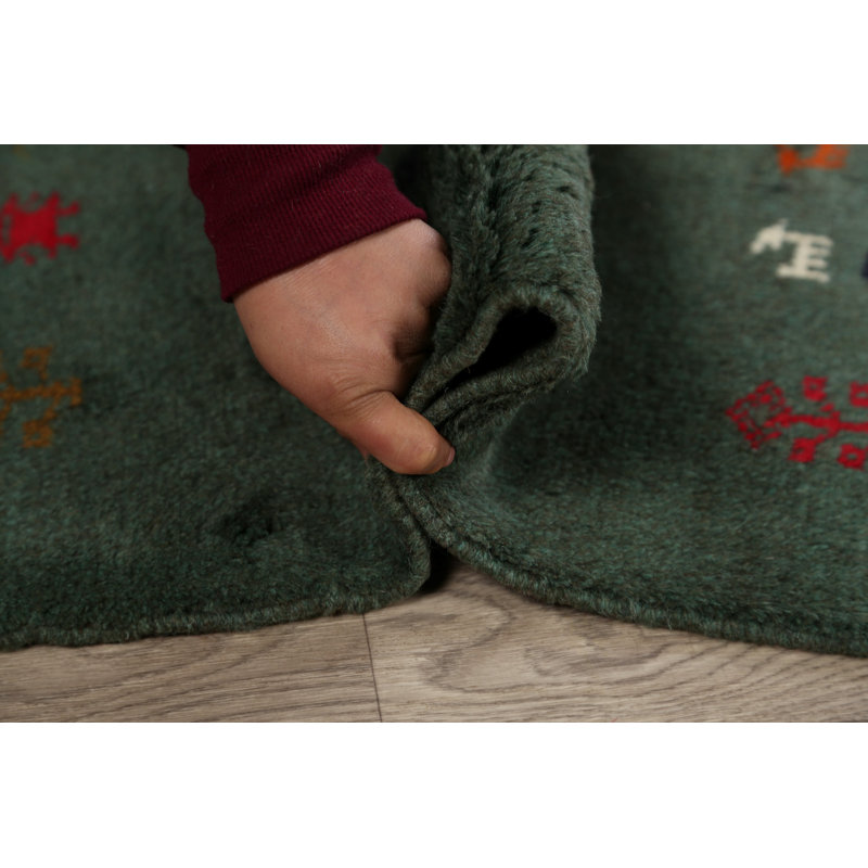 Tapis de zone en laine vert 3 pi 5 po x 4 pi 10 po one-of-kind-noué la main gabbeh Southwestern