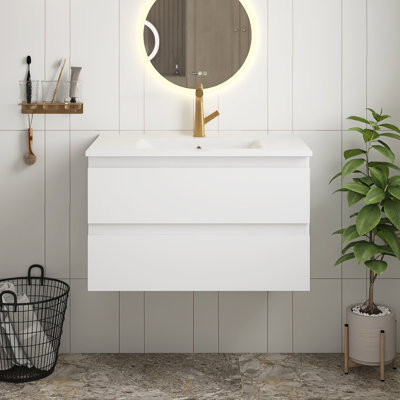 Glossy White 31-Inch Bathroom Vanity With Ceramic Sink,Cabinet With 2 Big Drawers,Soft Close System