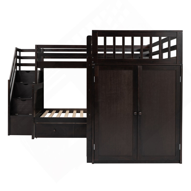 Lit superposé simple en L avec 3 tiroirs, bureau portable et garde-robe