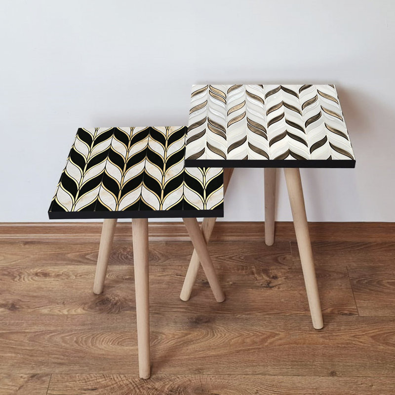 Modern Nesting Table Set (2 Pieces), Black & Beige with Gold & Brown Accents, 13.8 x 18.5 x 13.8 in (Larger) & 13.8 x 16.5 x 13.8 in (Smaller) | 100% MDF with Beech Wood Legs | Stylish Geometric Design for Contemporary Living Spaces