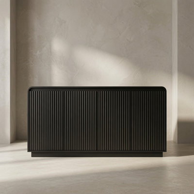 Black 4-Door Fluted TV Stand with Power Outlet, Handleless Wave Design Entertainment Cente