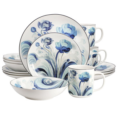 Lodalen 16 Piece Floral Design Round Porcelain Dinnerware Set in Blue