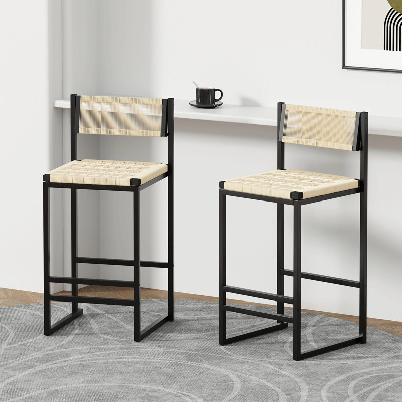 Et Of 2 Woven Bar Stools With Backrest Paper Rope Weave Dining Chairs For Kitchen Island, White