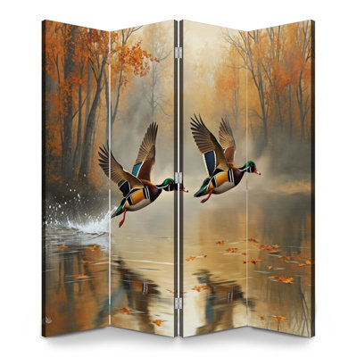4 panneaux de paravents pliables cloison royale canard de camping canne d'automne arbres toile séparateur de pièce cloison de protection autoportante cloison d'intimité