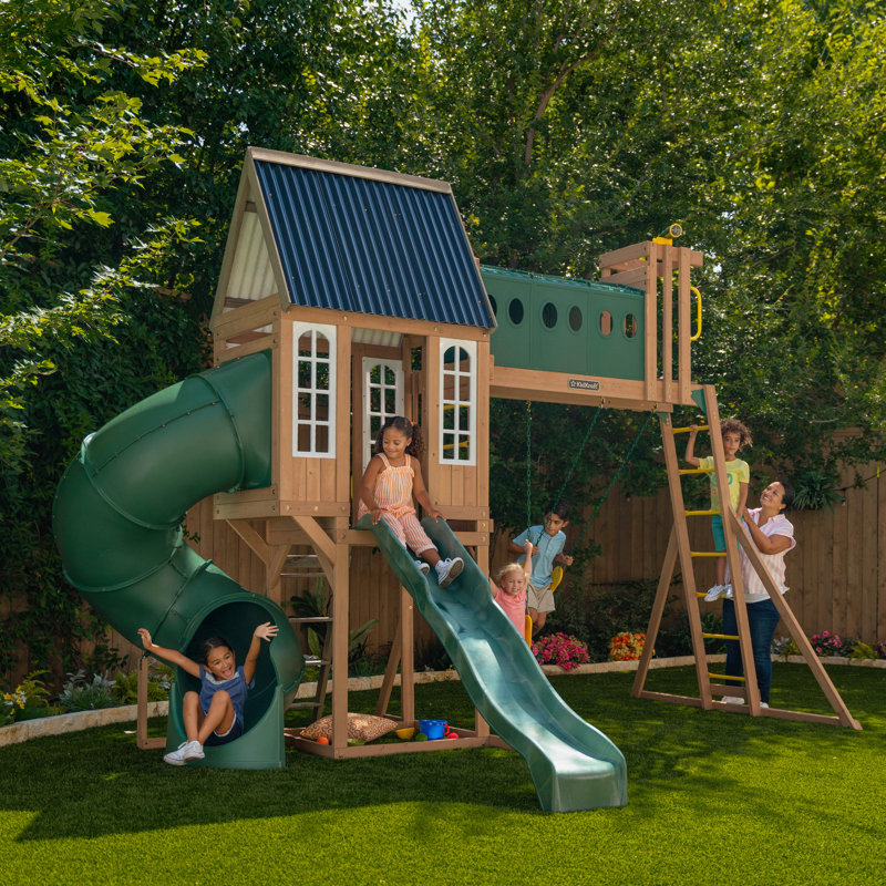 Swing Set Ramp KidKraft Skyway Resort Wooden Outdoor Swing Set / Playset with Tunnel ...