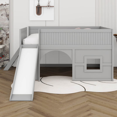 Full Size Low Loft Bed With Slide And Storage Shelves, Wood Castle House Bed With Slide, Ladder And Guardrails