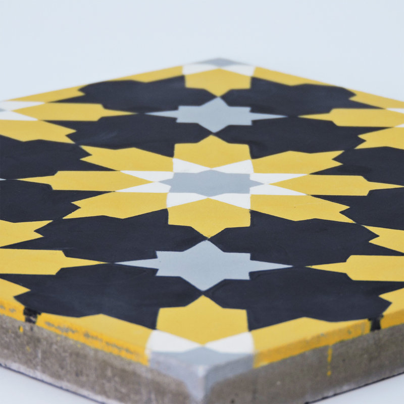 Ahfir 8" x 8" Cement Singular Wall & Floor Tile, Black/Yellow/Gray