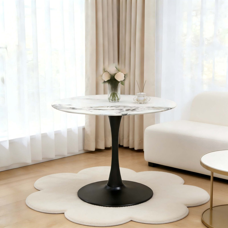 Table de salle à manger ronde à motif de marbre avec piètement en métal robuste, idéale pour une cuisine ou un bureau moderne.