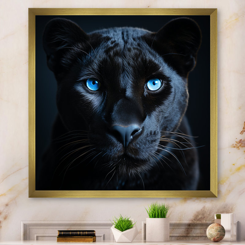 «Blue and Black Panther Portrait II» - art mural animal de panthère, H 36 po x l 36 po x P 1,5 po, Cadre doré simple