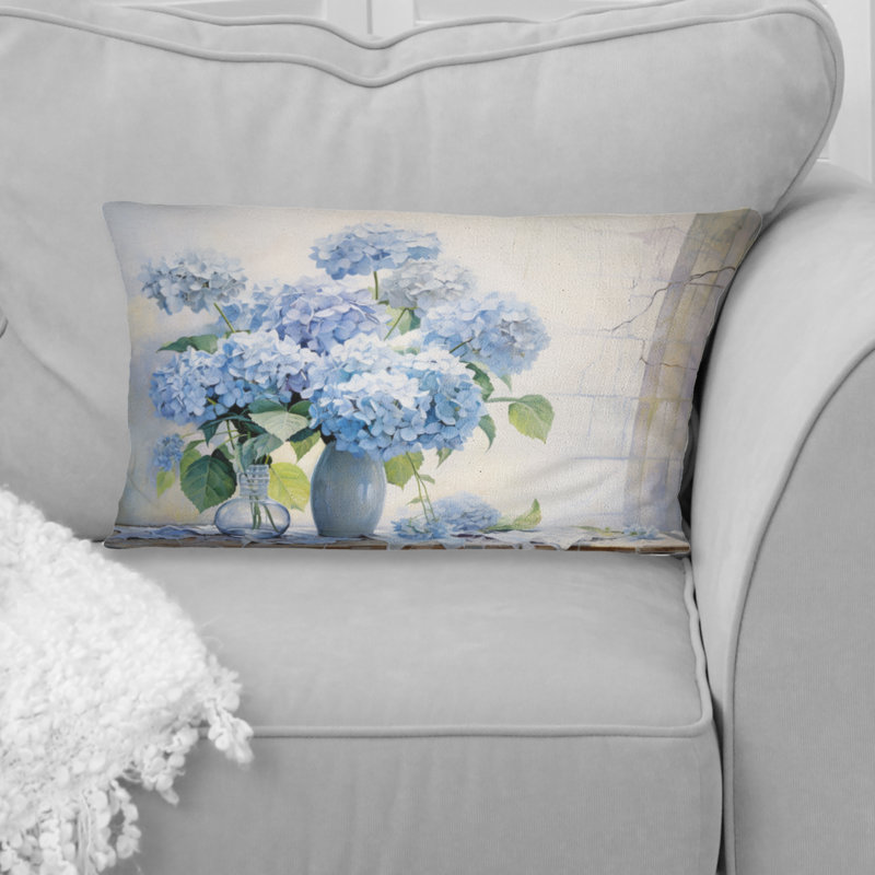 Blue Hydrangea Farmhouse Still Life - Hydrangea Printed Throw Pillow