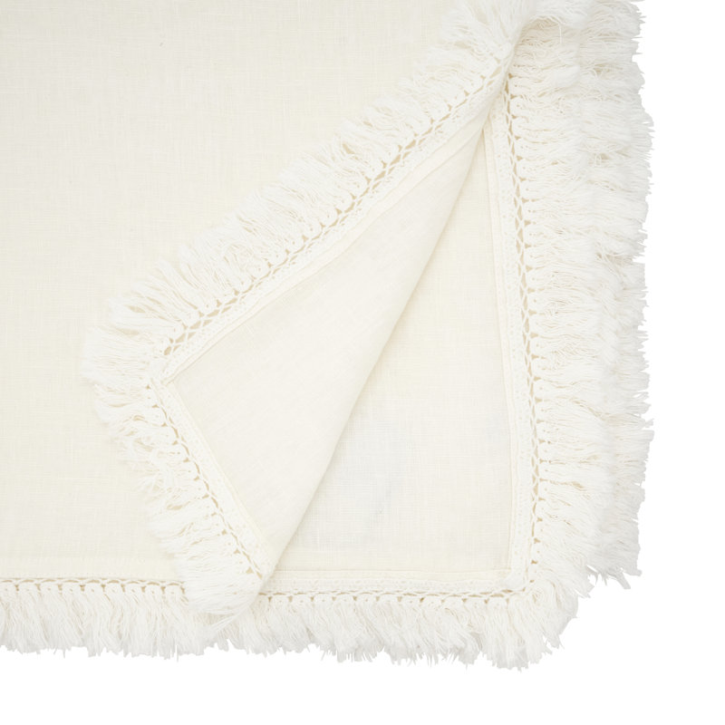Nappe à franges en lin Stonewashed, L 59 po x L 140 po, Ivoire
