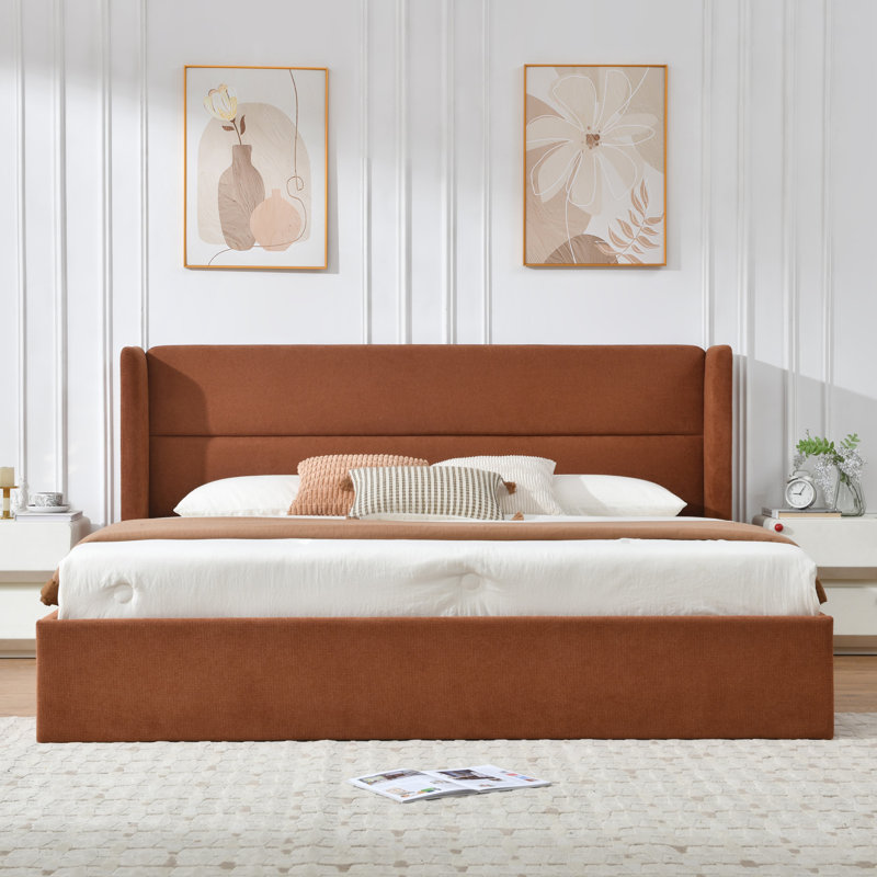 Lit plateforme tapissier avec rangement Gaillarde, Très grand, Caramel