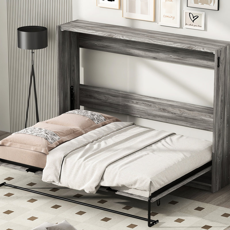 Grey Full Size Bed That Can Be Folded Into Cabinet, Space - Feature, Metal Frame And , No Spring Box Needed, Easy Assembly Project, Manageable Foldable To Solid For Durability, Wood Slats Support