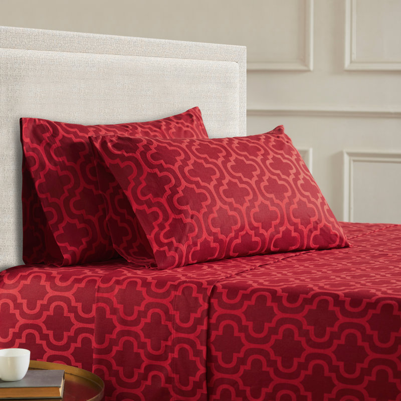 Scotia Trellis 100% Cotton Flannel Sheet Set, King Sheet Set + Fitted Sheet + 2 Pillowcases, Burgundy Trellis