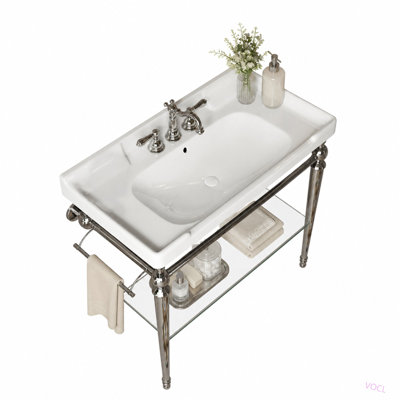 36" Bathroom Console Sink, Wall-Mounted Ceramic Vanity Basin with 3 Pre-drilled Faucet Holes, Freestanding Stainless Steel Support Legs with Towel Bar, No Faucet & Sink Cover