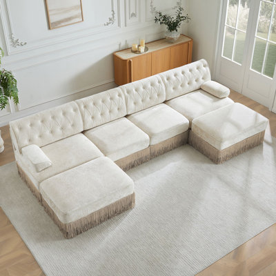 4-Seater With 2 Ottomans Cloud Modular Sectional,Tassel Skirt,Button Tufted Design,High-Density High Resilience Foam,Ergonomic Design,Premium Wooden Base,For Living Rooms Bedroom