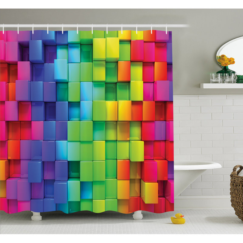 Vibrant Multicolor Geometric Fabric Shower Curtain with Hooks