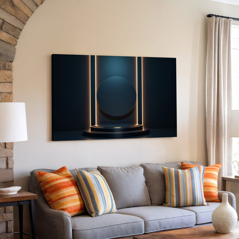 La toile crée une conception abstraite moderne et élégante avec un élément circulaire central d'art mural sur fond noir profond
