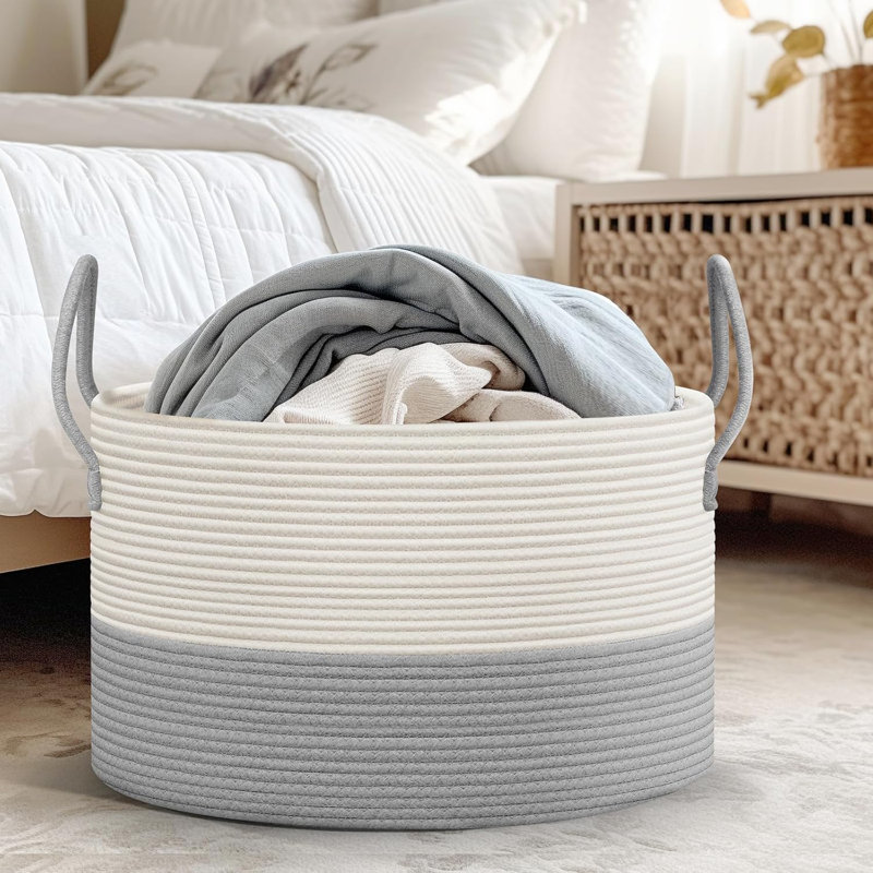 Extra Large Basket for Blankets - 21.7"D X 13.8"H Rope Laundry Basket Toy Baskets Storage Kids, Throw Blanket Baskets, Gray