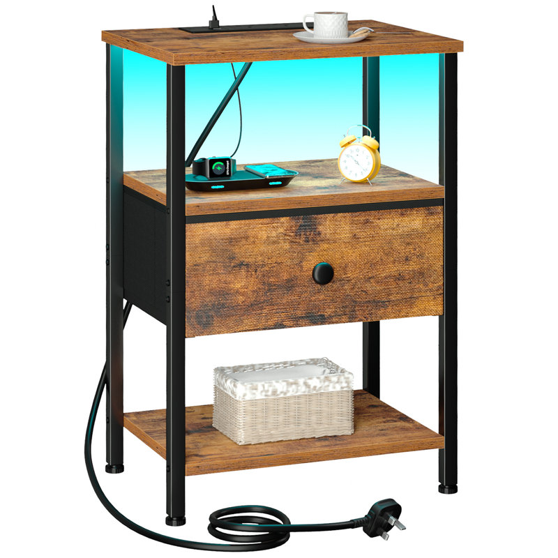 39cm W LED Bedside Table With Drawer, AC Outlets and USB Ports, Black