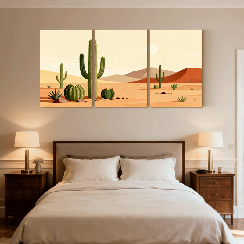 Paysage et nature, paysage désertique avec cactus et montagnes, ensemble de 3 impressions sur toile, H 36 po x l 72 po