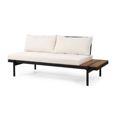 Canapé modulaire d'extérieur 2 places faisant face à la droite avec lattes en bois d'acacia et coussins crème