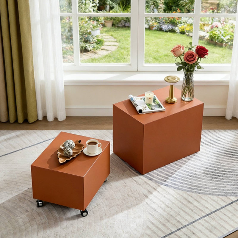 Ensemble de tables de selle orange en panneau de fibres à densité moyenne, tables d'appoint roulantes modernes pour un coin-salon