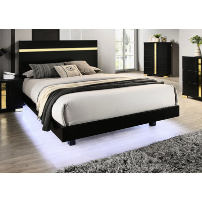 Cadre de lit double pleine grandeur, style contemporain, DEL sous le lit, bordure en acrylique, bois d'ingénierie, bois d'hévéa, cadre noir décontracté avec matelas en hévéa et étuis de preuve, style