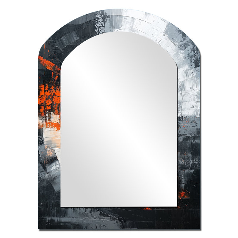 Tornade noire et orange abstraite II - spirale abstraite, miroir décoratif mural asymétrique, 34 po x 25 po