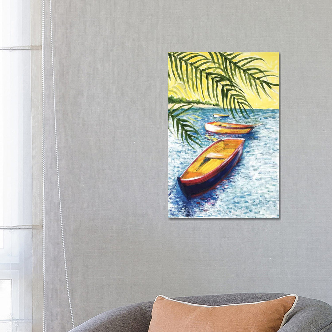 Caribboats II von Malenda Trick - Galerie-verpackte Leinwand Giclée auf Leinwand