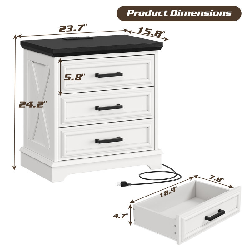 24 Inch Wide Farmhouse Nightstands With Charging Station, White Nightstand With 3 Large Drawers, Rustic Wood End Table For Bedroom