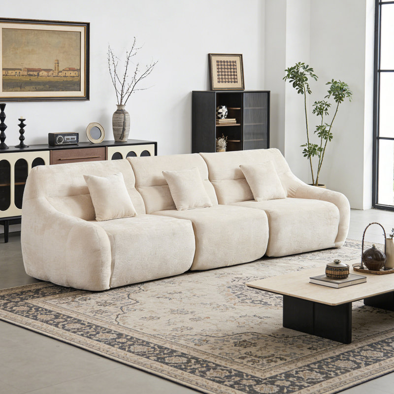 Boneless 123.2" Modular Curved Corner Sectional Sofa with Pillows, Beige Chenille