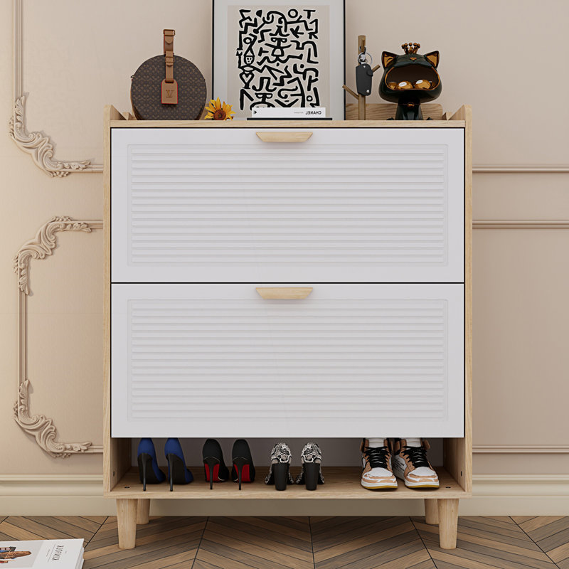 Accent Cabinet, Nordic Style Shoe Storage Cabinet With 2 Flip Drawers, Freestanding Organizer