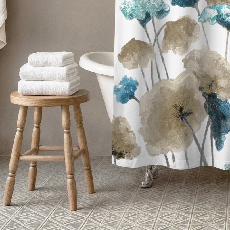 Jennings Way Floral Single Shower Curtain, Blue/Beige