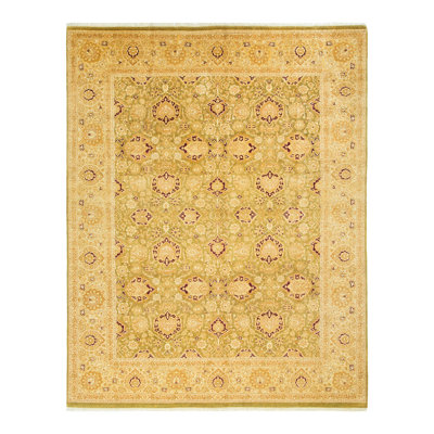Tapis jaune / vert en laine noué à la main de conception unique 8 pi 2 po x 10 pi 4 po Ora