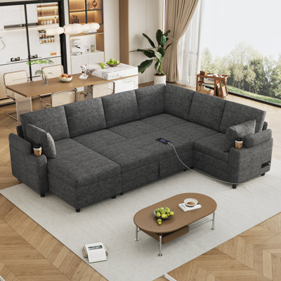 Canapé-lit modulaire de 109,9 po Canapé-lit polyvalent avec grand espace de rangement, deux porte-gobelets et ports de chargement
