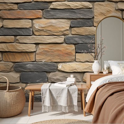 Peel and Stick Wallpaper Rustic Stone Wall Texture Natural Earth Tones Layered Rock Wall Murals 69"H x 96"W Removable PVC Wall Paper Self-Adhesive Wall Decor for Bedroom Living Room Home Office
