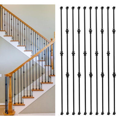 Lot de 10 balustres d'escalier carrés en fer forgé de 44 po x 1/2 po, barreaux d'escalier creux à articulation simple et double avec 20 patins pivotants et vis