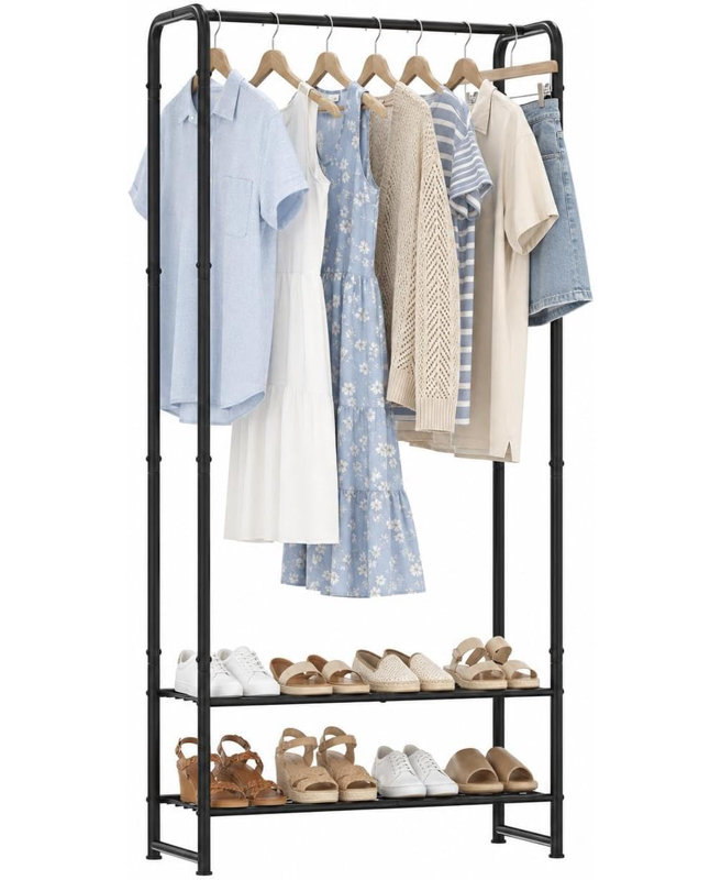 2-in-1 Freestanding Metal Clothes Rack With Storage Shelves, Portable Black Garment Rack Heavy Duty Hanging Clothing Organizer For Bedroom Entryway Dorm Apartment