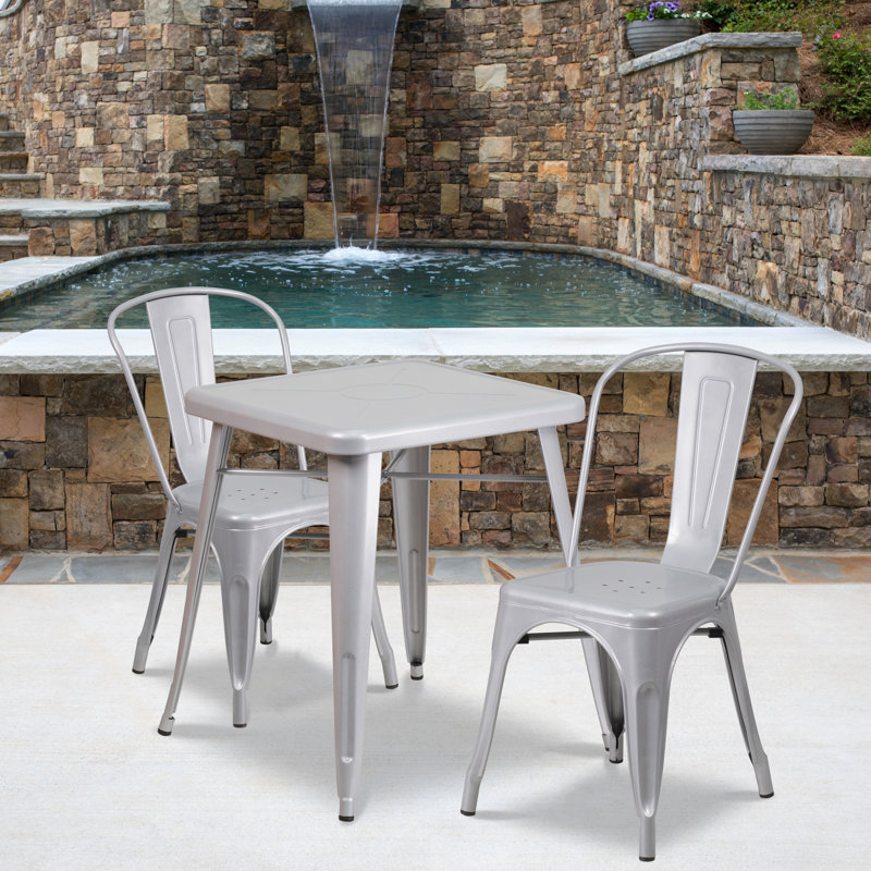 Geneen 23.75'' Square Metal Indoor-Outdoor Table Set with 2 Stack Chairs, Red