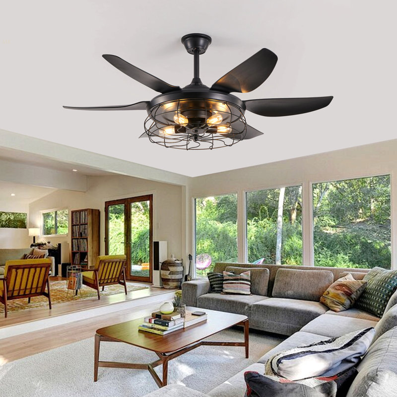 52" Modern Black Ceiling Fan With Light, 6 Fan Blades And Industrial Cage Design, Adjustable Speed For Living Room, Bedroom, Dining Room (Silent/6-Speed/Reversible/DC Motor) (Bulb Not Included)