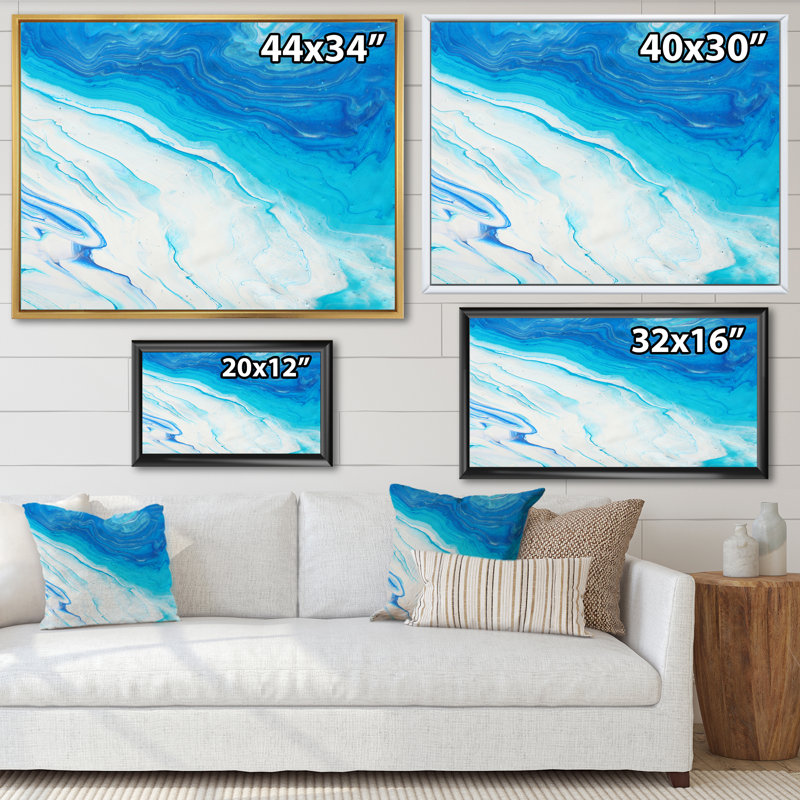 Bleu et blanc, vagues liquides I - Peinture sur toile, H 34 po x l 44 po x P 1,5 po, Cadre flottant en érable