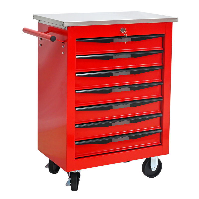 Rouge et noir, 7 tiroirs, chariot à outils à roulettes, roues, toit en acier inoxydable, garage, entrepôt, mécanisme de verrouillage universel, poignée à tirer d'un côté, glissières de tiroir à roulement multifonctionnelles, tiroir, réparation