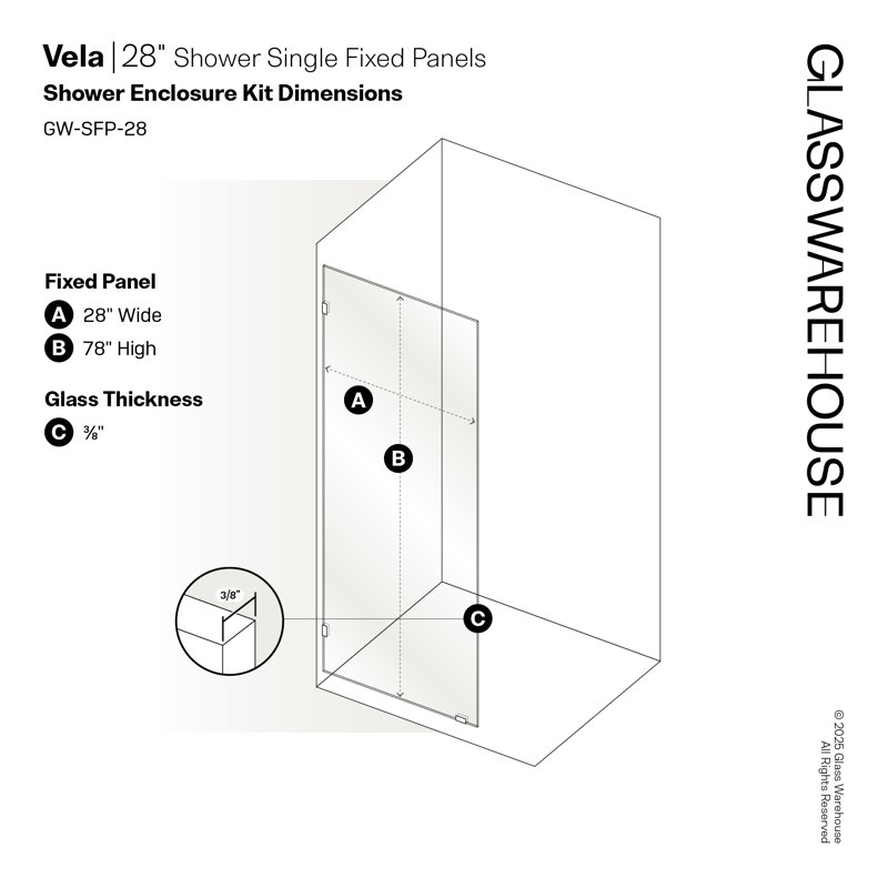 Vela 28 in. x 78 in. Fully Frameless Single Fixed Shower Panel, Matte Black