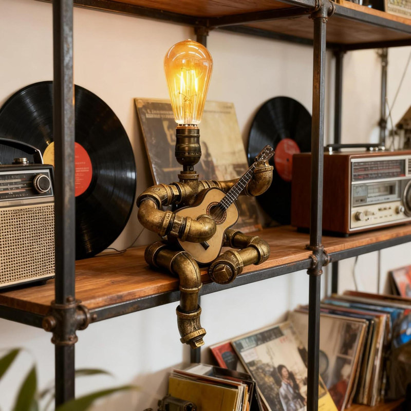 Tuyau pour homme, guitare, lampe Steampunk avec ampoule Edison, décoration de table rétro, cadeau de bureau unique fait à la main pour les mélomanes de style américain