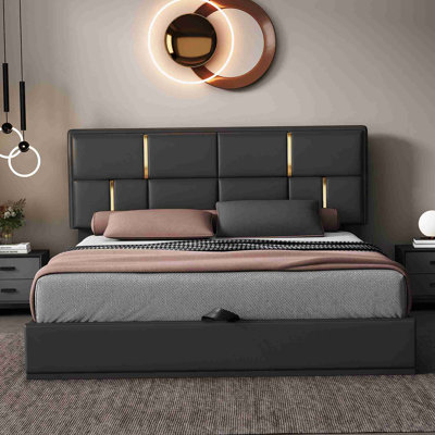 Grand lit plateforme tapissier avec système de rangement hydraulique, sans sommier tapissier, beige