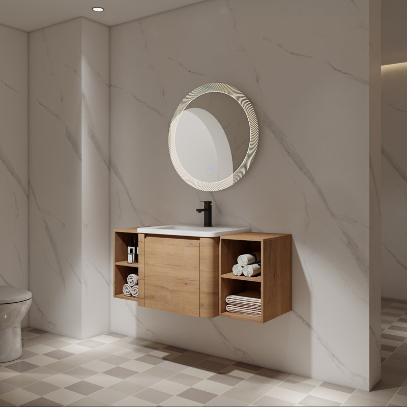 Meuble-lavabo mural avec lavabo en céramique, deux tablettes et porte à fermeture en douceur, 48"