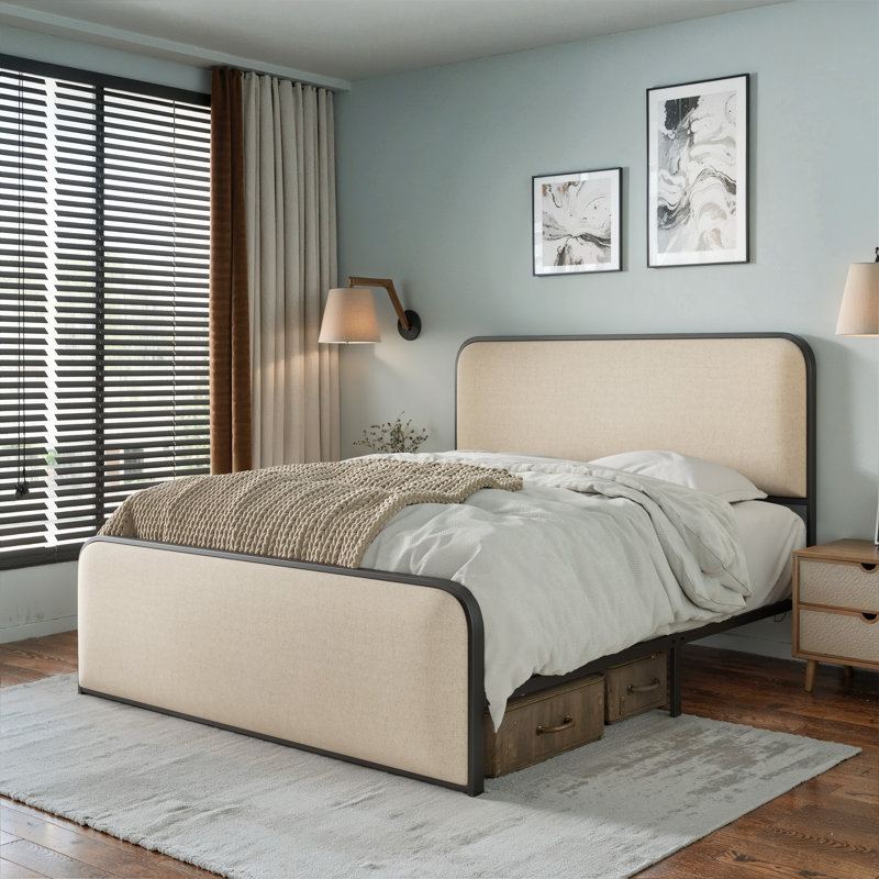 Structure de lit moderne en métal avec tête de lit et pied de lit rembourrés courbés avec rangement sous le lit, Très grand